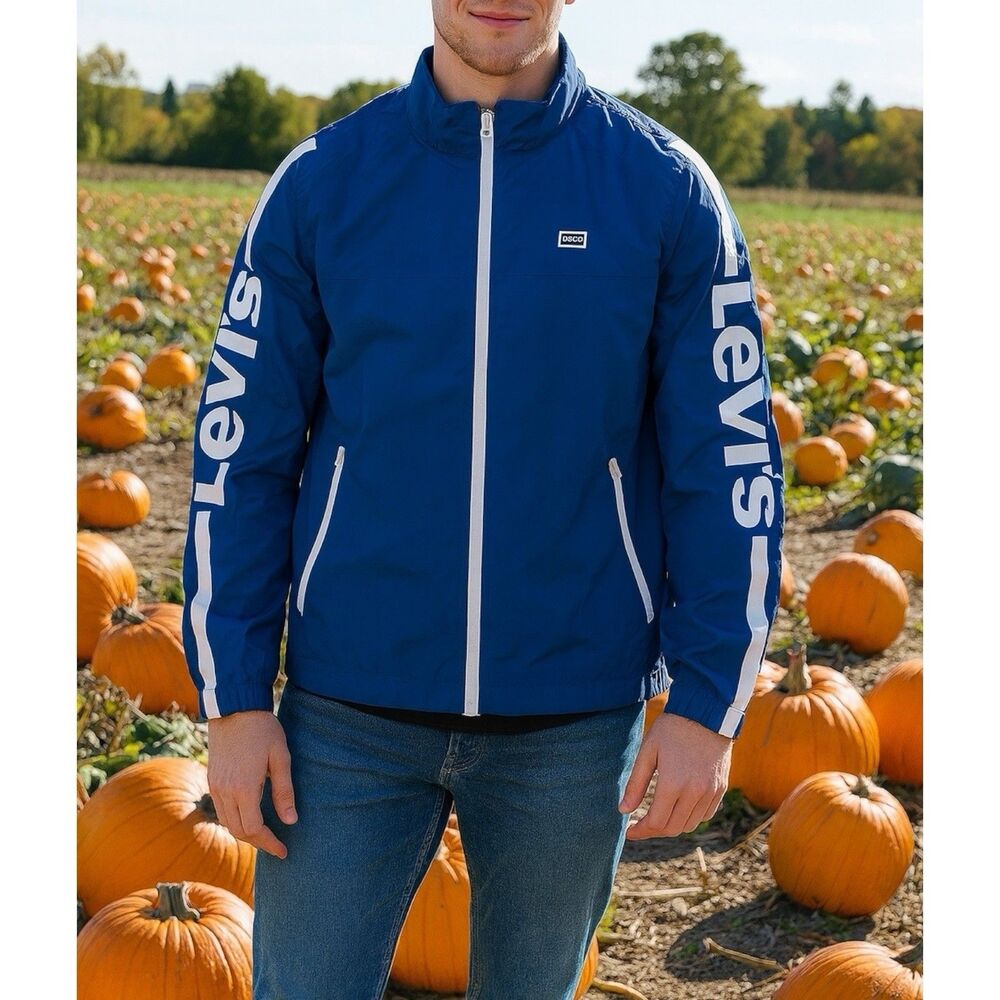 Levis Jacket Mens L Blue Stand Collar Windbreaker Hoodie Spellout Lightweight‎